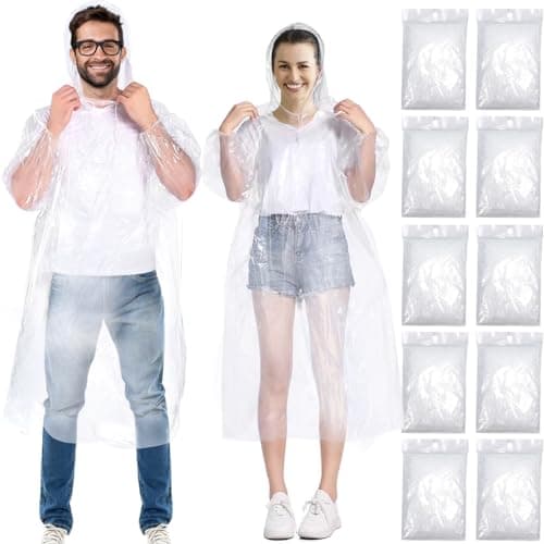 Henrycares Waterproof Rain Ponchos Adult, 10pcs Disposable Clear Raincoats for Women and Men Emergency, 150cm with Hood and Sleeves Family Pack, for Outdoor Concert, Theme Park, Camping, Hiking