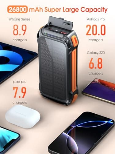 26800mAh Power Bank, 30W PD Fast Charging, Wireless Charger with 4 Built-in Cables, 3 Ports, LED Flashlights, Portable Battery Pack for Phones, Tablets, Camping (Orange) — view 5