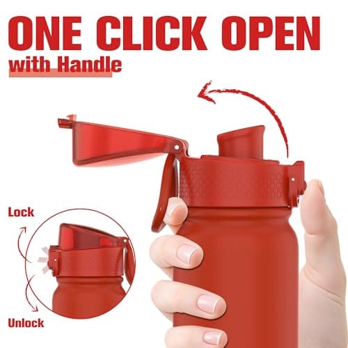GOPPUS 600ml/20oz Insulated Water Bottle with Spout Lid (No Straw) Leakproof Stainless Steel Sports Bottle with One Hand Open Lid Double Wall Flask with Handle Keeps Drinks Cold BPA Free (Red) — view 3