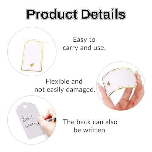 Dmnnlp 100pcs Gift Tags with String, Foil Gold Heart Paper Gift Tags, 5x9cm Personliazed White Blank Labels for Birthday Wedding Baby Shower Valentines Mothers Day Christmas Decoration — view 3