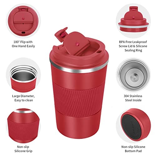 AKHTART 380ml Travel Mug for Hot & Cold Drinks with Leakproof Lid, Stainless Steel Insulated Coffee Double Walled Thermal Mug, Portable Reusable Cup Travel/Office/School(Red) — view 3