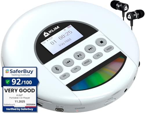 KLIM Nomad - Portable CD Player with Long-lasting Battery - Includes Headphones - Radio FM - Compatible MP3 CD Player Portable - TF Card, Radio FM, Bluetooth - Ideal for cars - NEW