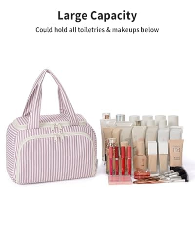 Narwey Large Toiletry Bag for Women, Travel Wash Bag Women for Full Size Toiletries, Wide Open Toiletries Bag Makeup Cosmetic Organizer Bag for Essentials Accessories (Dusty Rose Stripe) — view 6