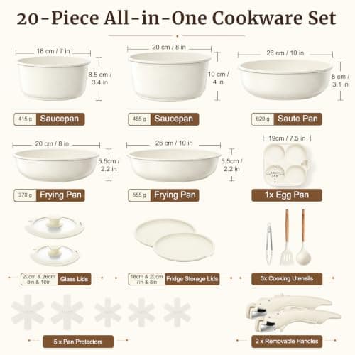 YASHE 20Pcs Nonstick Pots and Pans Set with Detachable Handles, Oven Safe — view 2