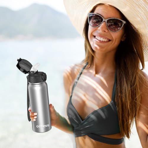 GOPPUS 600ml/20oz Stainless Water Bottle with Straw Double Wall Insulated Bottles with Strap One Hand Open Vacuum Thermal Flask with Flip Top Lid Leakproof Keep Cold Drinks BPA Free (Steel) — view 6