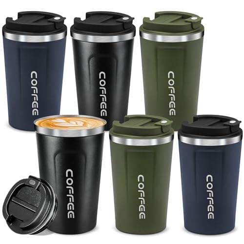 Kaxtde 6 Pack Stainless Steel Travel Mugs Bulk, 380 ml Insulated Coffee Cup for Cold Hot Drinks, Reusable to Go Tumblers with Leakproof Lid for Car Camping Gym Office (3 Colours)