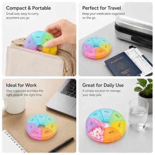 Weekly Pill Box Organiser, 7 Day Round Tablet Organiser, Easy Open Snap Shut Lids Portable Travel Pill Case, Rainbow Medicine Organiser Tablet Box for Vitamins Supplements Medication — view 3