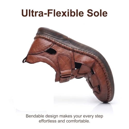 Hixingo Men's Sandals Closed Toe Wide Fit Size 7-12 Leather Sandals for Men Summer Beach Slippers Lightweight Adjustable Strap Non-Slip Sole for Walking Holiday Pool (Brown,10.5) — view 5