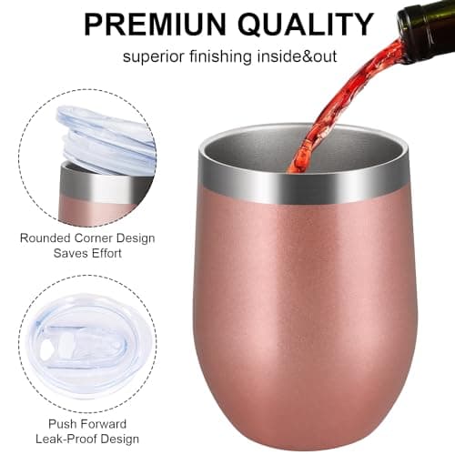 Joymaking 12oz Reusable Coffee Cup, 2 Pack Double Walled -Insulated Travel Mug Vacuum Stainless Steel Wine Tumbler with Spill Proof Lid, Great for Coffee, Tea, Milk and Wine, Black Rose Gold — view 6