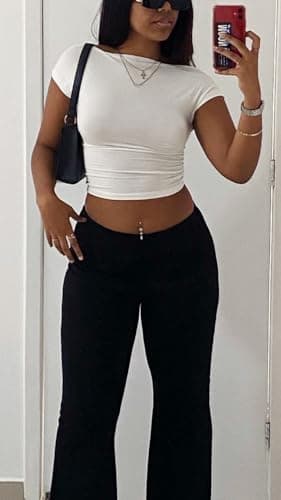 YETOWA Women's Yoga 2 Piece Outfits: Slim Short Sleeve Tops & Low Rise Flare Leggings Sets Versatile Fitness Sweatsuit, White Top+black Leggings, Medium — view 6