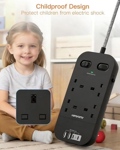 Black 4 Way Outlet Extension Lead with 4 USB Slots(2 USB C), 1.8M Cable — view 6