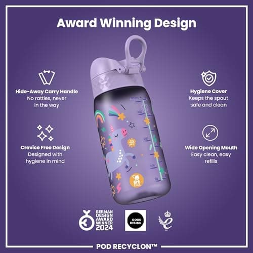 Ion8 Kids Water Bottles, BPA Free, Leakproof, Dishwasher Safe, Easy Open, Secure Lock, Small Boys & Girls Water Bottle,Kids Drinks Bottle for Spill-free Drinking, Purple, Unicorns, 350ml/12oz — view 6