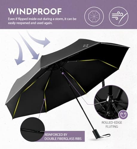 LILAC Compact Windproof Travel Folding Umbrella, Waterproof UV Rain Sun — view 4