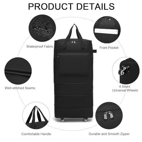 Foldable Duffel Bag, Large Rolling Travel Duffle Bag with Wheels Waterproof Collapsible Expandable Carry on Luggage for Women Men Duffel Bag with Wheels and Handle-Black — view 3