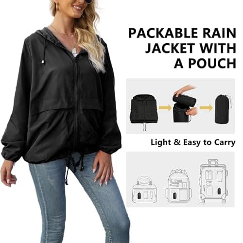 JiaYouLC Womens Lightweight Waterproof Jackets Packable Raincoat With Hoodie Waterproof Running Rain Jacket for Outdoor Walking Hiking (UK, Alpha, S, Regular, Regular, Black) — view 5