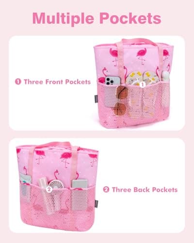 Beach Bag with Zip and Pockets Small Beach Tote Bags Women, Pink Flamingo — view 5