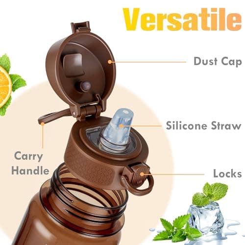GOPPUS 500ml/17oz Clear Tritan Water Bottle with Straw Transparent Childrens Drinks Bottle with Carrying Handle See Through Measured Kid Bottles with Flip Top Lid Leakproof BPA Free (Brown) — view 4