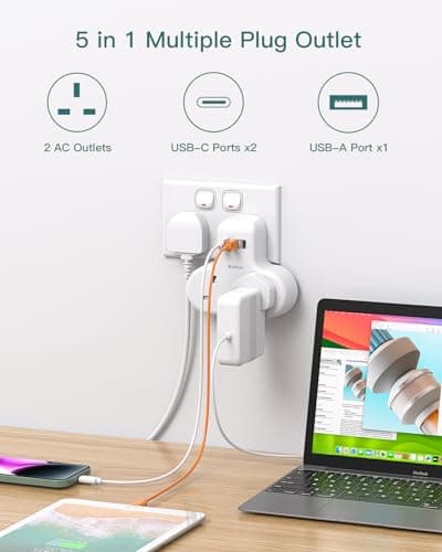 Addtam Double Plug Extension with 3 USB (2 USB-C), 2 Way Multi Plug Adaptor — view 2