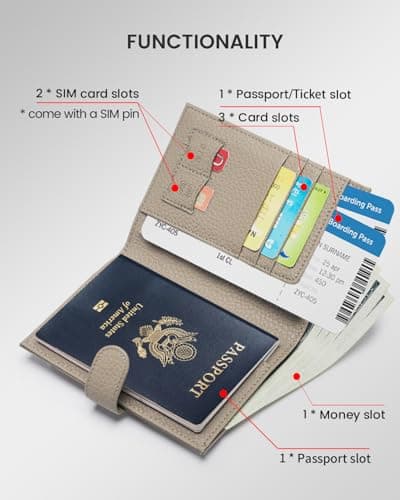 Karmiir Slim RFID Leather Passport Wallet for Men and Women with Card Holder, SIM Slots, Zippered Coin Pocket and Silver, Travel Wallet Passport Cost, grey, 10.16 x 10.41 x 13.97 cm — view 2