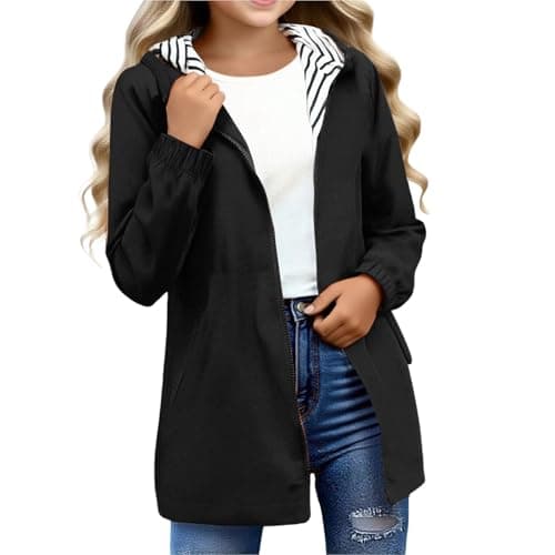 YCBMINGCAN Girls Raincoat Kids Waterproof Jacket | Long Lightweight Windbreaker Parka with Hood | Teen Zip Up School Rain Coat with Pockets Casual Autumn Outerwear for Youth 5-16