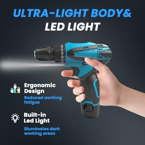 Cordless Drill Set, 12V Lightweight Electric Screwdriver Driver, Electric Power Drill with Battery & Charger, 25+1 Torque, 2 Speed, 3/8" Keyless Chuck, Tool Kit for Home DIY — view 6