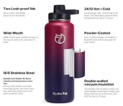 HydroPal Vacuum Insulated 1.2L Stainless Steel Water Bottle with Dual Lids — view 2