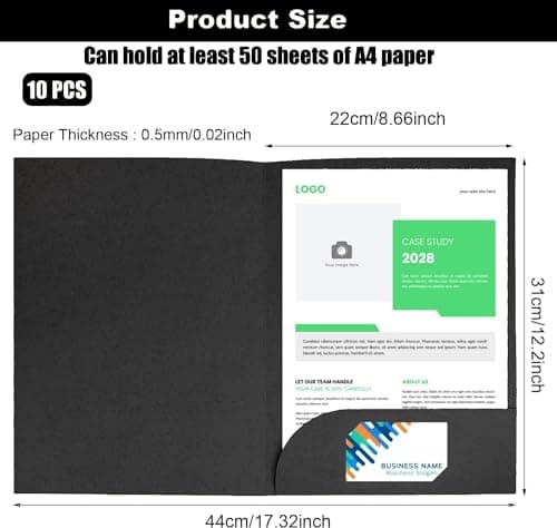 LATERN 10Pcs A4 Document File Folder, Kraft Paper Square Cut Folders Insert Presentation Paper Holder Storage Pouch Portfolio Paperwork Organizer with Cards Slot Folders for Office School (Black) — view 4