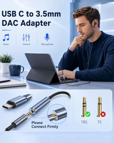3.5mm to USB C Aux Adapter 2 Pack, Braided Headphone Jack to USB C Cable with Hi-Fi DAC, Lossless Audio, Plug and Play, for iPhone 17/16/15, Samsung, iPad, MacBook, for Home/Travel/Gaming — view 2