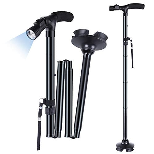 Walking Stick with LED Light, Ohuhu Folding Walking Sticks for Women & Men, Walking Cane with Strap and Carrying Bag, Adjustable Height Lightweight Portable, for Seniors