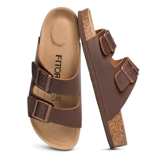 FITORY Mens Leather Sandals, Cork Footbed Slides for Summer Brown Size 11.5