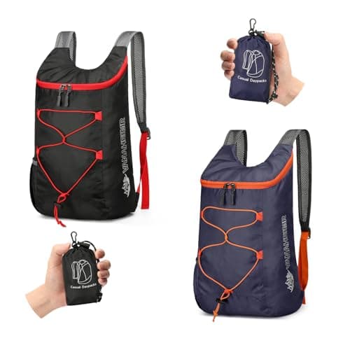 Sahunfri 2 Pcs Ultra Lightweight Backpack, Foldable Backpack Water Resistant Travel Rucksack, Multi-Functional Foldable Backpacks Womens Men For Camping, Hiking, Biking (Black Dark-blue)