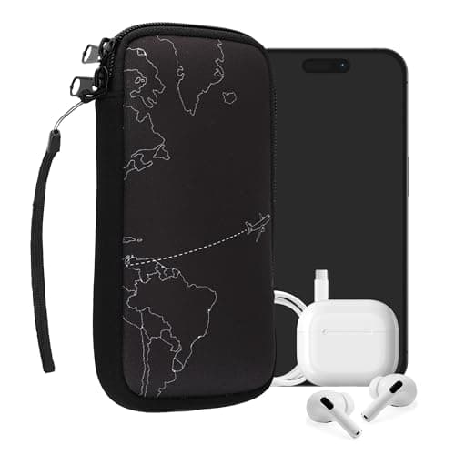 kwmobile Neoprene Sleeve for Smartphone Size XL - 6.7/6.8" - Shock Absorbing Pouch Case - Protective Phone Bag - Travel & Explore White/Black