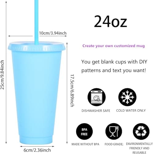 Yisituo 710ml Reusable Plastic Cups, 20 Pack Cold Cups with Lid and Straw, Tumblers Travel Mugs for Adults and Madam Party and Beach, Pool Gatherings (20, Light Blue) — view 2