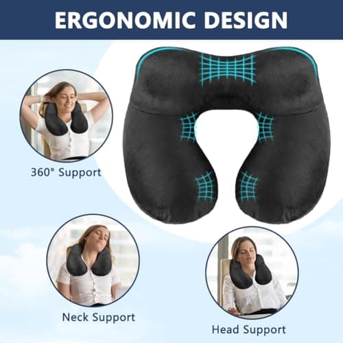 flintronic Inflatable Travel Pillow, Inflatable Travel Pillow for Airplane, Soft Velvet Neck Support, Lightweight Ergonomic Sleeping Neck Pillow for Airplane, Car, Train, Office, Camping (Black) — view 6