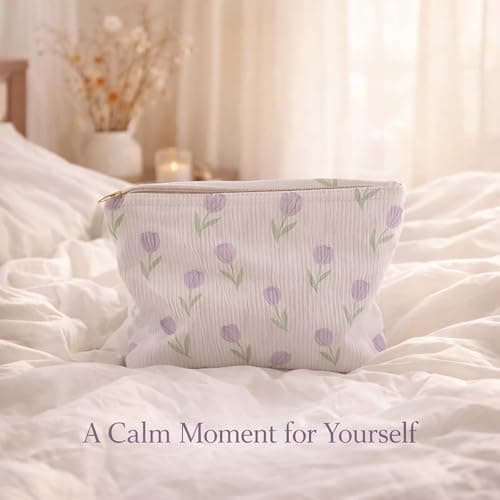 Soft Corduroy Tulip Cosmetic Bag with Zipper - Compact Travel Toiletry Pouch for Women, Floral Lavender Green Print Organiser Storage Pouch for Makeup Essentials & Skincare — view 5