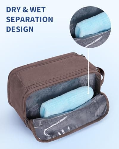 WANDF Toiletry Bag for Men Travel Wash Bag Toiletry Organizer Canvas and PU Leather Dopp Kit Water-Resistant Shaving Kit for Travel Accessories (Brown, Patent Pending) — view 2