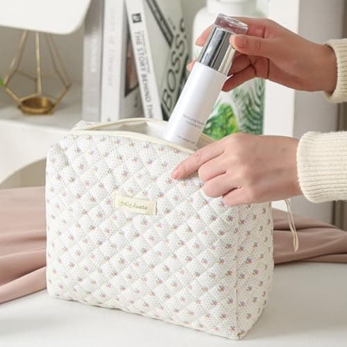 Aucuu 3PCS Coquette Makeup Bag, Quilted Makeup Bag for Women, Floral Cotton Cosmetic Bag Set, Large Capacity Aesthetic Floral Toiletry Bag, Travel Toiletry Bag, Wash Organizer Pouch for Women Girls — view 2