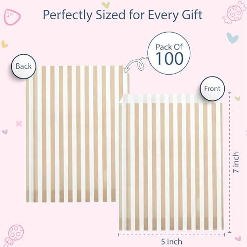 Bag It Plastics Candy Stripe Paper Sweet Bags | Gold | 5" x 7" / 125x175mm | Pack of 100 | Multipurpose Use for Sweets, Popcorn, Wedding Favours, Pick and Mix & Cookies! — view 2