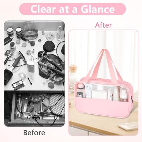 MOXYOY Clear Travel Toiletry Bag,Portable Makeup Bag Cosmetic Wash Bags,with Zippers Travel Essentials,PVC+PU Hanging Transparent Waterproof Bag,Vacation Bathroom Organizer,for Women and Men (Pink) — view 4