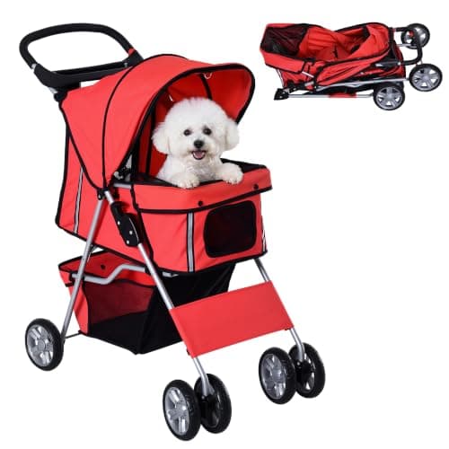 PawHut Pet Stroller for Small Miniature Dogs Cats with Wheels Red