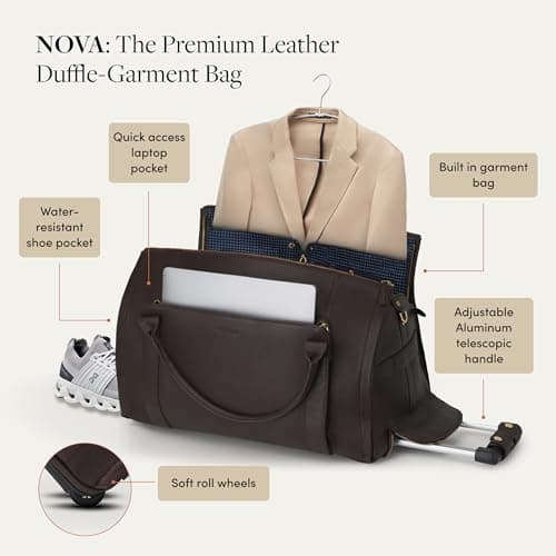 Wool & Oak NOVA Large Duffle Bag with Wheels, Black, 10” x 12” x 21”, Leather — view 3