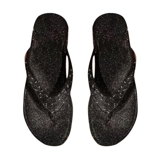 Rhinestone Embellished Flip Flops for Women with Comfort Arch Support Fashionable Summer Beach Travel Walking Thong Style Slip On Indoor Outdoor Lightweight Non-Slip Slippers Yoga Mat Cushion Sandals