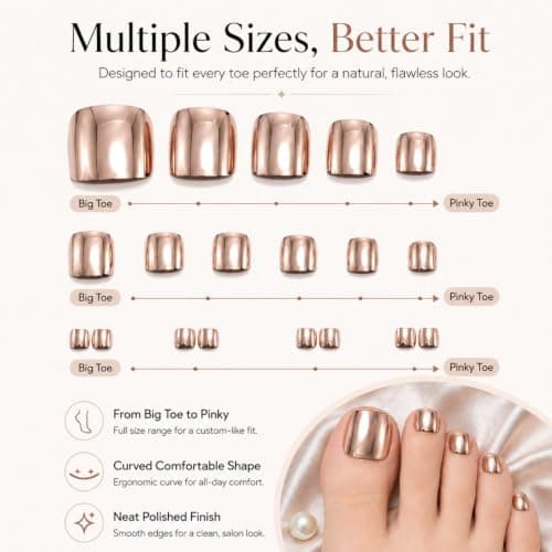 Rose Gold Chrome Press On Toe nails, Short Square Fake Toenails with Glue — view 3