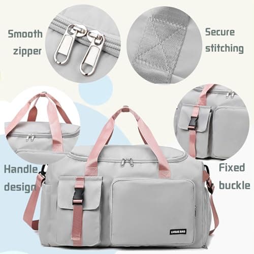 YOUYIKE Sports Bag for Women and Men, Sports Gym Bags, 42L Waterproof Travel Bag, with Shoe Compartment and Wet Pocket, Large Holdall, Cabin, Gym Bags, for Travel, Fitness, Sport, Gray + Pink — view 3