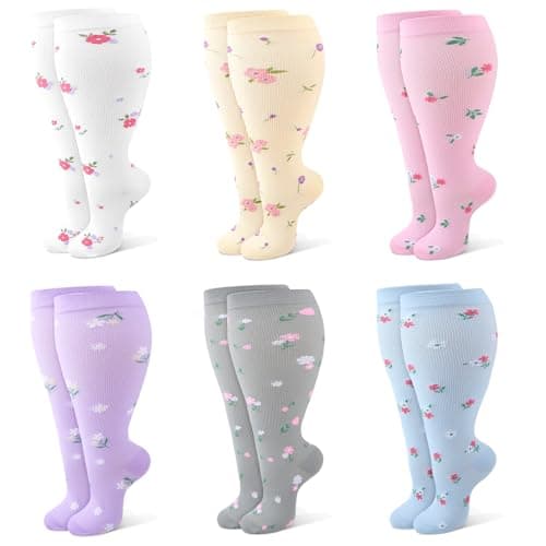 Zuimei 6 Pairs Plus Size Wide Calf Compression Socks for Women Flower 3XL
