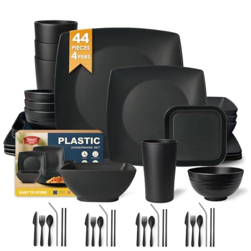 Teivio 44-Piece Kitchen Reusable Plastic Square Dinner Set for 4, Dinner Plate, Dessert/Tidbit Plate, Cereal/Fruit Bowl, Cup, Unbreakable Plastic Plate and Bowl Set, Outdoor Camping Dish, Black