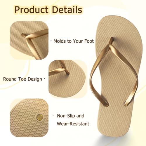 FuncHardwa Comfortable PVC Flip Flops for Women, Non-Slip Women's Flip Flops, Lightweight Thong Sandals for Shower and Swimming(Gold-5/6) — view 3