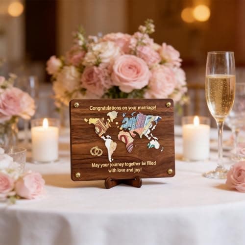 PUQGAOIP Wedding Gifts Creative Wooden Plaque With Holder World Map Design Elegant Marriage Celebration Present And Travel Honeymoon Fund Idea Unique Wedding Money Gift Wallet — view 3