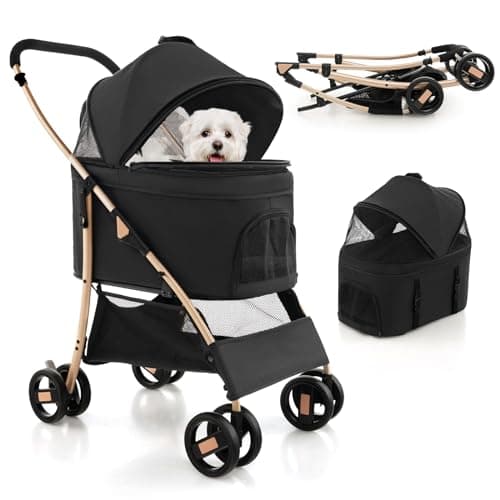 COSTWAY 3 in 1 Pet Stroller, Folding Dog Strollers with Detachable Car Seat Carrier, Adjustable Canopy, Storage Basket, 4 Wheels Travel Pushchair for Small Medium Dogs Cats (Black+Gold)