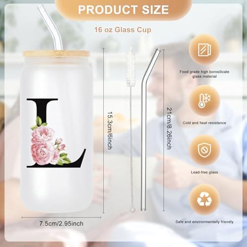 JEKUGOT A-Z Initial Personalised Birthday Gifts for Women, 16oz Iced Coffee Glass Cups with Lids and Straws, Glass Coffee Cup Gift Set for Mothers, Friends, Women, Men, Iced Coffees Cup Gift (L) — view 2